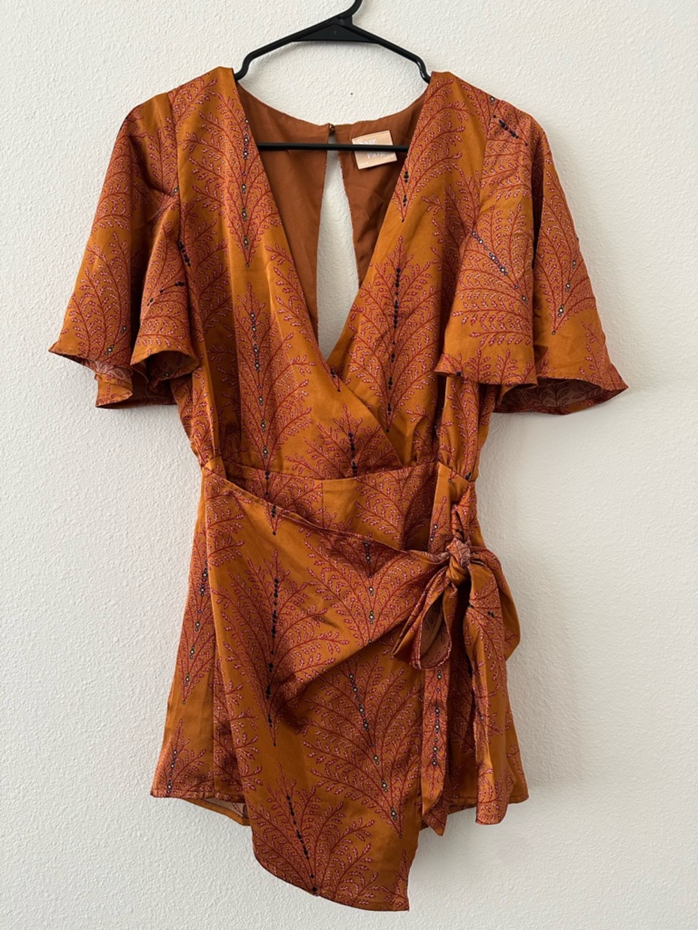 Sage + Paige Vixen Romper - Rust Printed Wrap Romper with Tie Waist